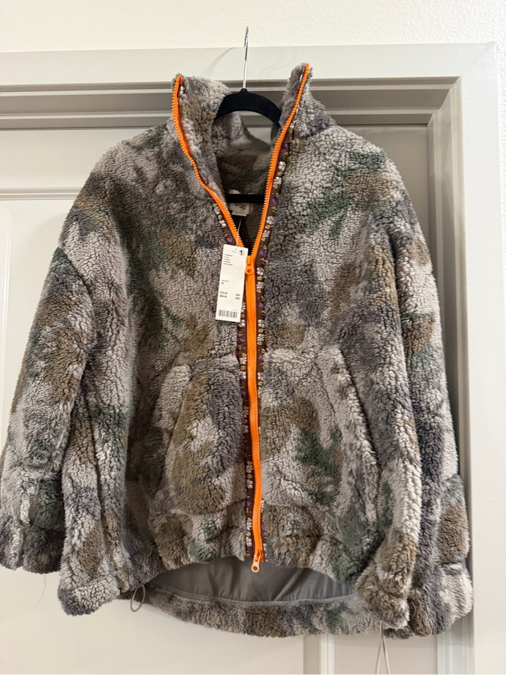 BDG Gray Shaggy Fleece Jacket with Orange Trim